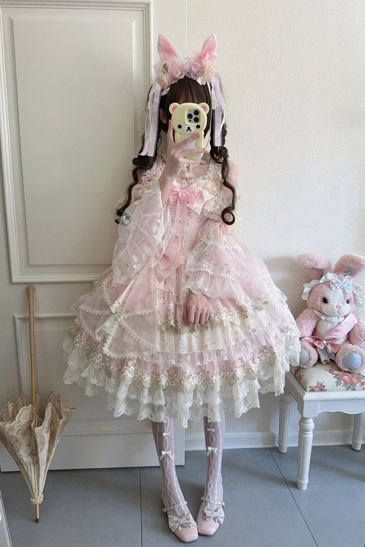 Pink Falling Rain Flowers Sleeveless Ruffle Embroidery Bow Sweet Chinese Style Lolita Jsk Dress