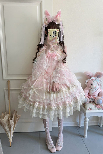 Pink Falling Rain Flowers Sleeveless Ruffle Embroidery Bow Sweet Chinese Style Lolita Jsk Dress