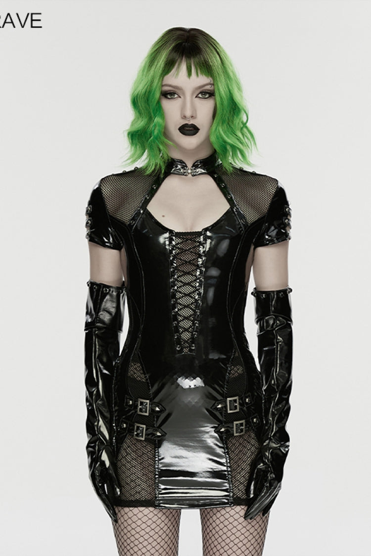 Stand Collar Short Sleeve Spliced Lace-Up Slim Mesh Buckled Punk Dress