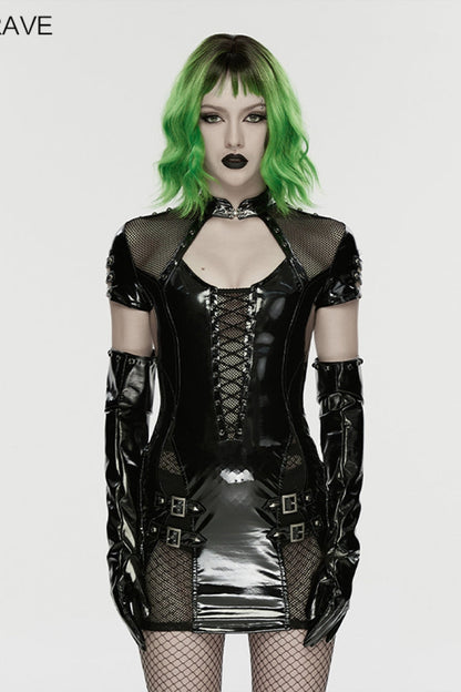 Stand Collar Short Sleeve Spliced Lace-Up Slim Mesh Buckled Punk Dress