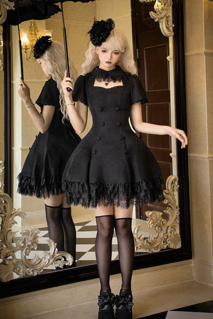 Double-Breasted Hollow Gothic Short-Sleeve Dress