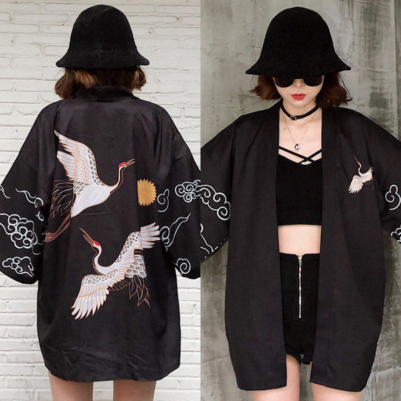 Vintage Kranich Chinesischer Kimono Oberbekleidung Sonnenschutz