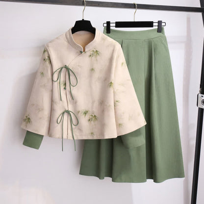 Waist Sweatshirt Vintage Bamboo Pleated Skirt Print High