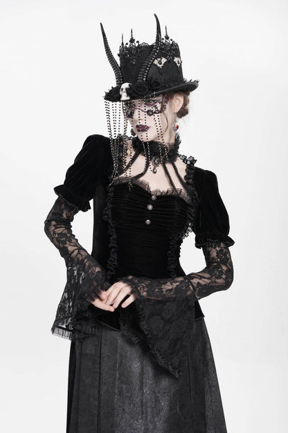Faux Two-Piece Velvet Blouse with Eyelet and Pleats
