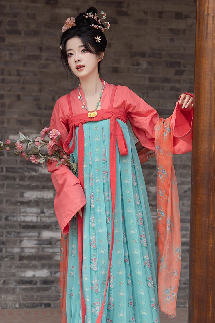 Emerald Peach Blossoms and Spring Long Sleeves Print Embroidery Classic Hanfu Dress