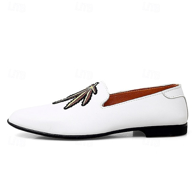 Men's Prom Shoes - White Faux Leather Loafers with Feather