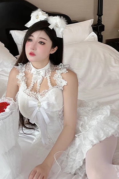 Ivory Ruffle Bow Lace Mini Lolita Skirt Dress