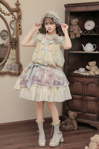 Sunny Short-Sleeve Bear Printed Ruffled Bow Dress Ensemble