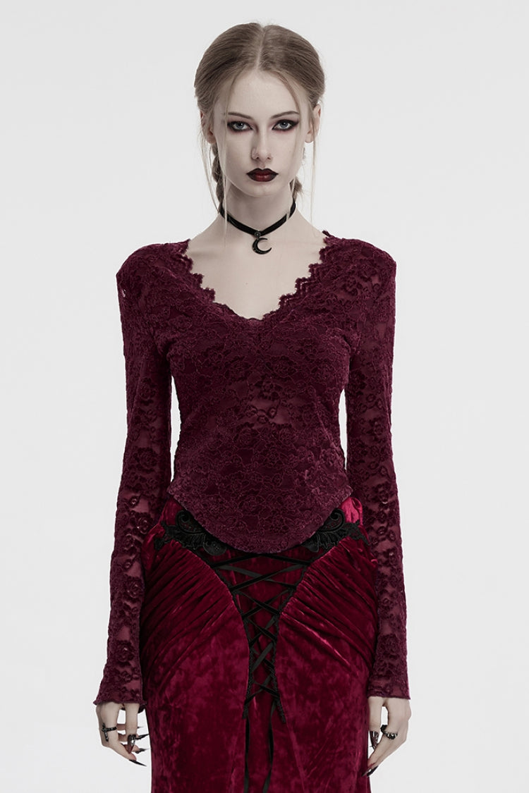 V Collar Long Sleeve Lace Sheer Gothic Blouse for Women