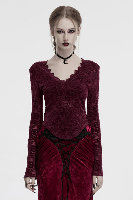V Collar Long Sleeve Lace Sheer Gothic Blouse for Women