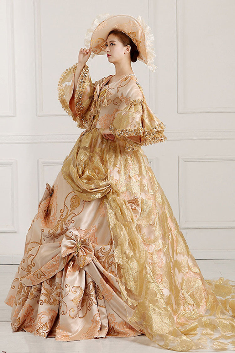 Trumpet-Sleeved High-Waisted Embroidered Print Bowknot Multi-Layer Victorian Lolita Prom Dress in Beige and Golden