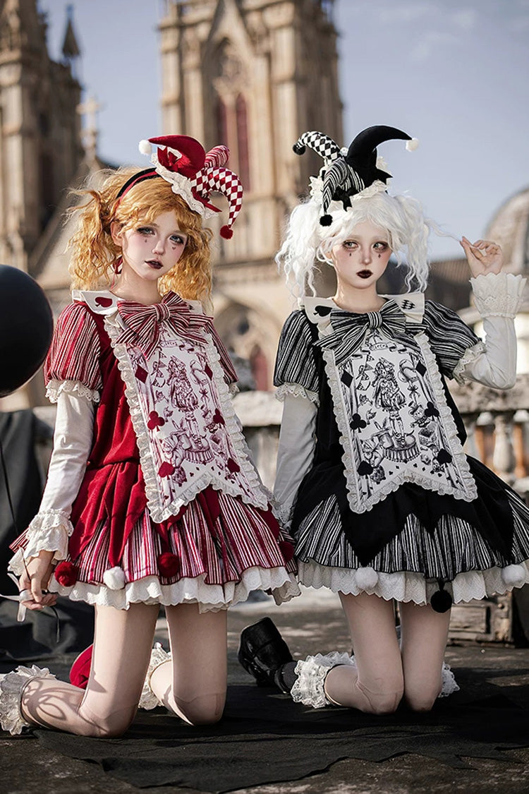 Letters and Poems Doll Mask Poker Clown Long Sleeves Ruffled Bow Gothic Lolita Dress Set