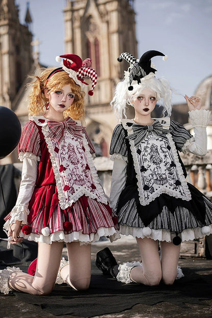 Letters and Poems Doll Mask Poker Clown Long Sleeves Ruffled Bow Gothic Lolita Dress Set
