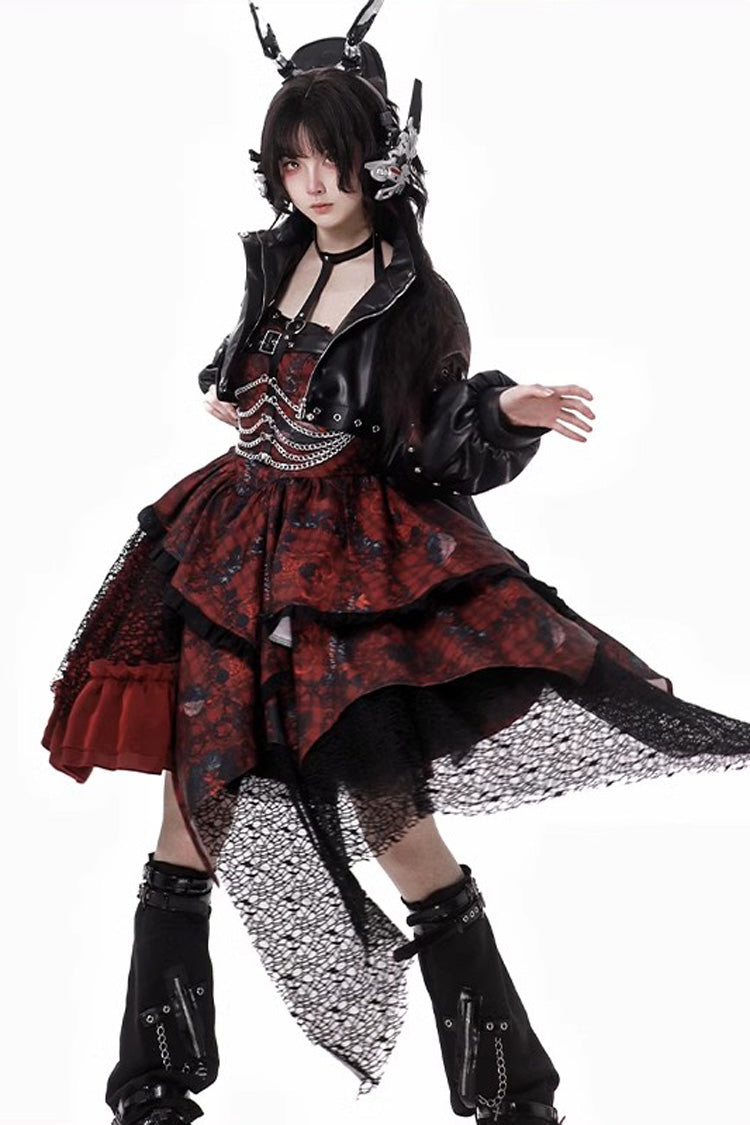 Sleeveless Printed Gothic JSK Dress with Asymmetric Ruffled Lace - Strawberries of Blood and Tears