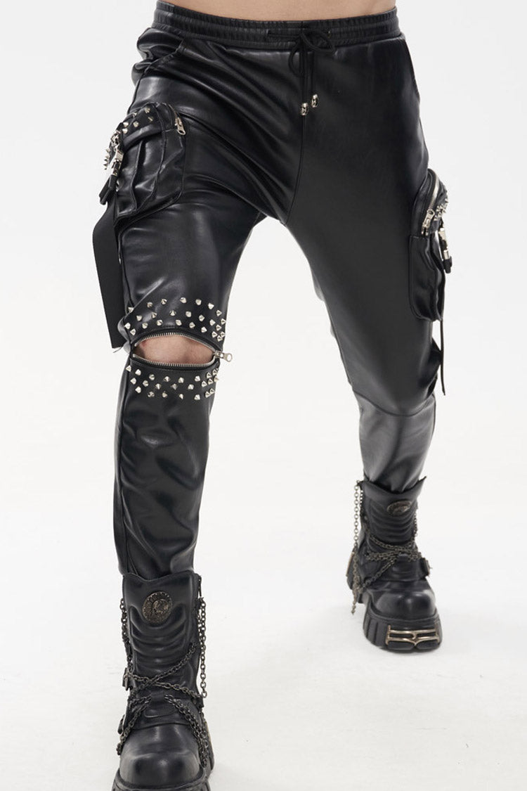 Rebel Rivet Zipper Pocket Faux Leather Cargo Trousers