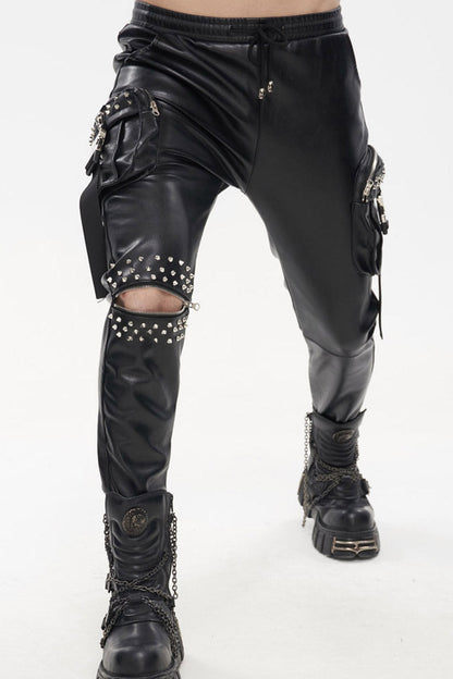 Rebel Rivet Zipper Pocket Faux Leather Cargo Trousers