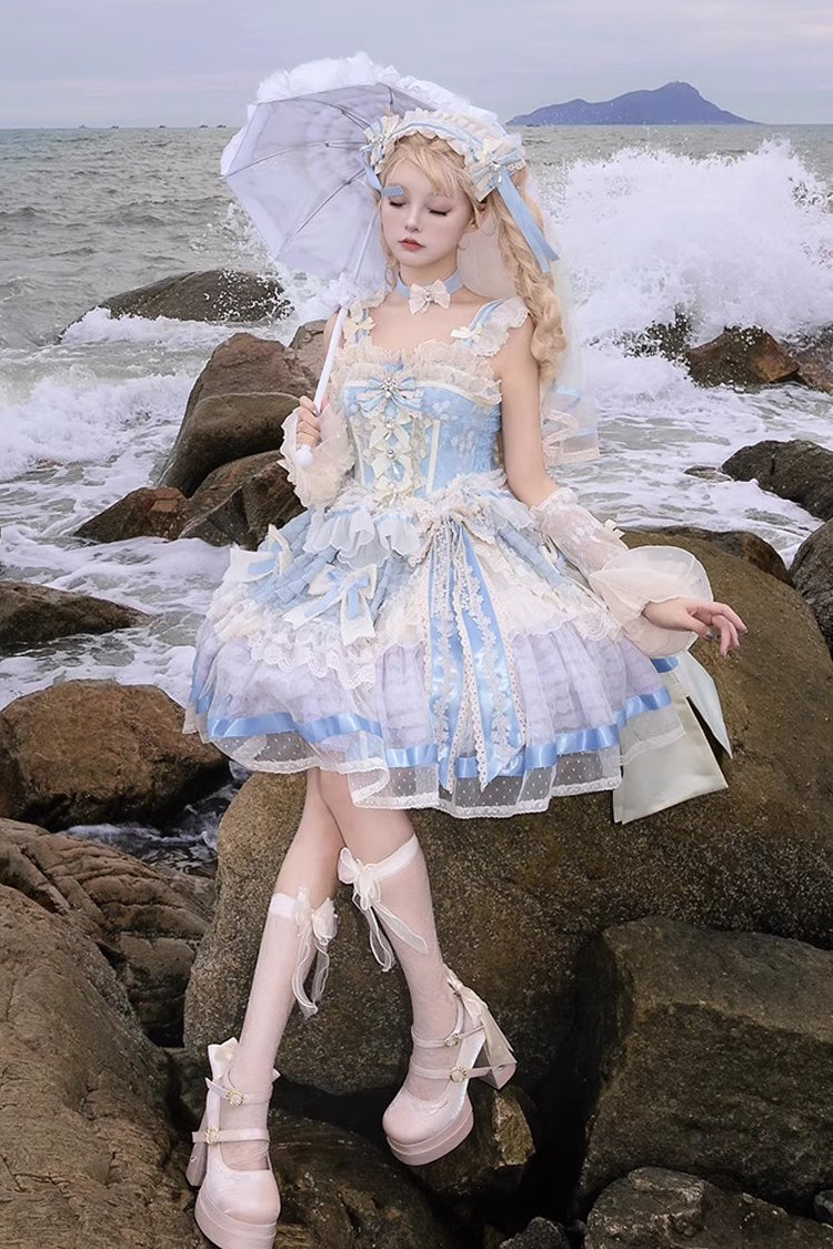 Sleeveless Embroidered Lace Dress with Fishbone Ruffle and Bow