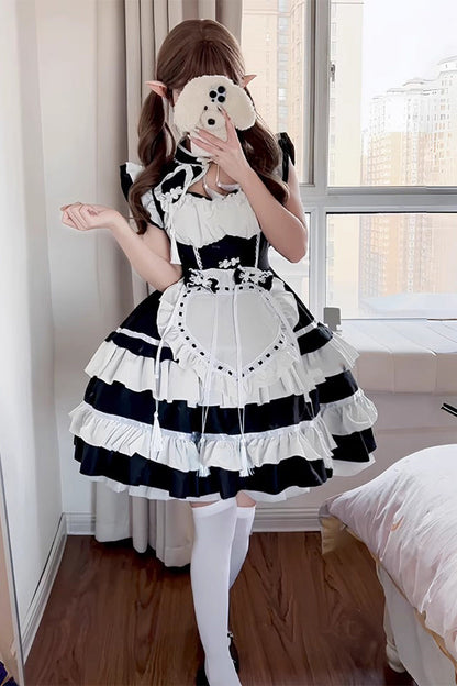 Black and Ivory Love Double Layer Ruffle Bow Sweet Plus Size Chinese Lolita Ensemble