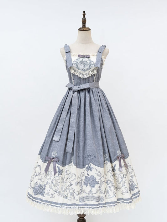 Gray Titmouse and Floral Print Lolita Jumper Skirt