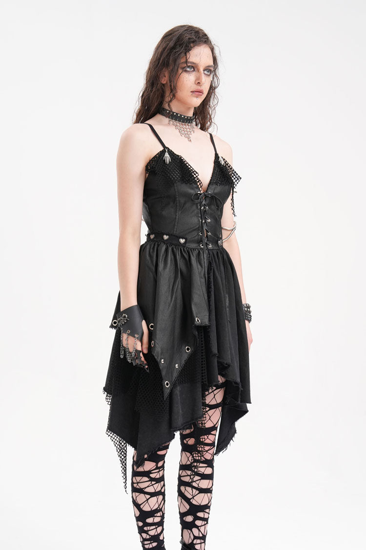Mesh Panel Irregular Gothic Slip Dress in Black - NoirEdge