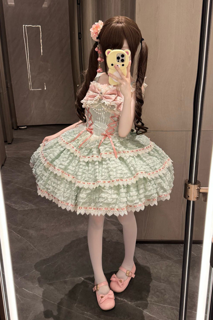 Emerald Triple-Layer Bow Lace-Up Lolita JSK - Floral Letters