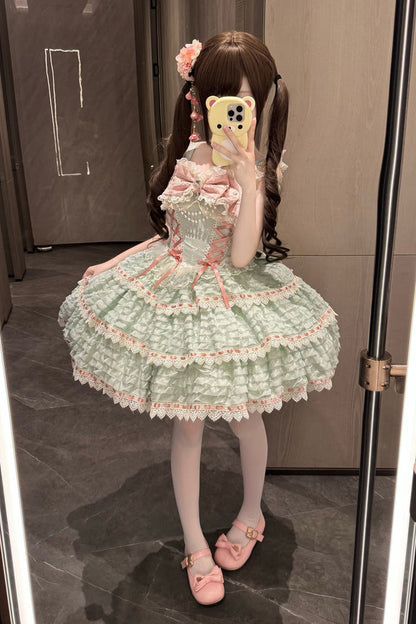 Emerald Triple-Layer Bow Lace-Up Lolita JSK - Floral Letters