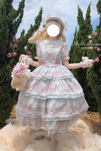 Multicolor Rose Flower Cage Print Triple Ruffle Bow Dress