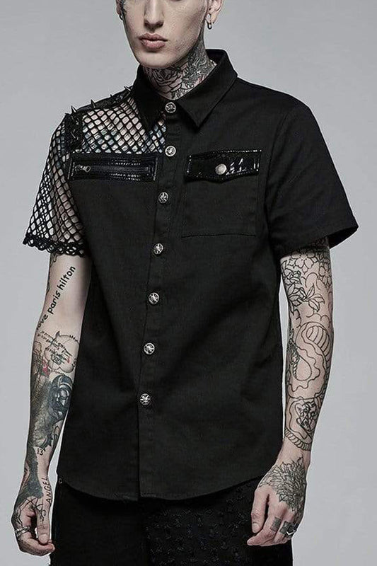 Mens Cotton Shirt with Mesh Panels and Asymmetric Cut
