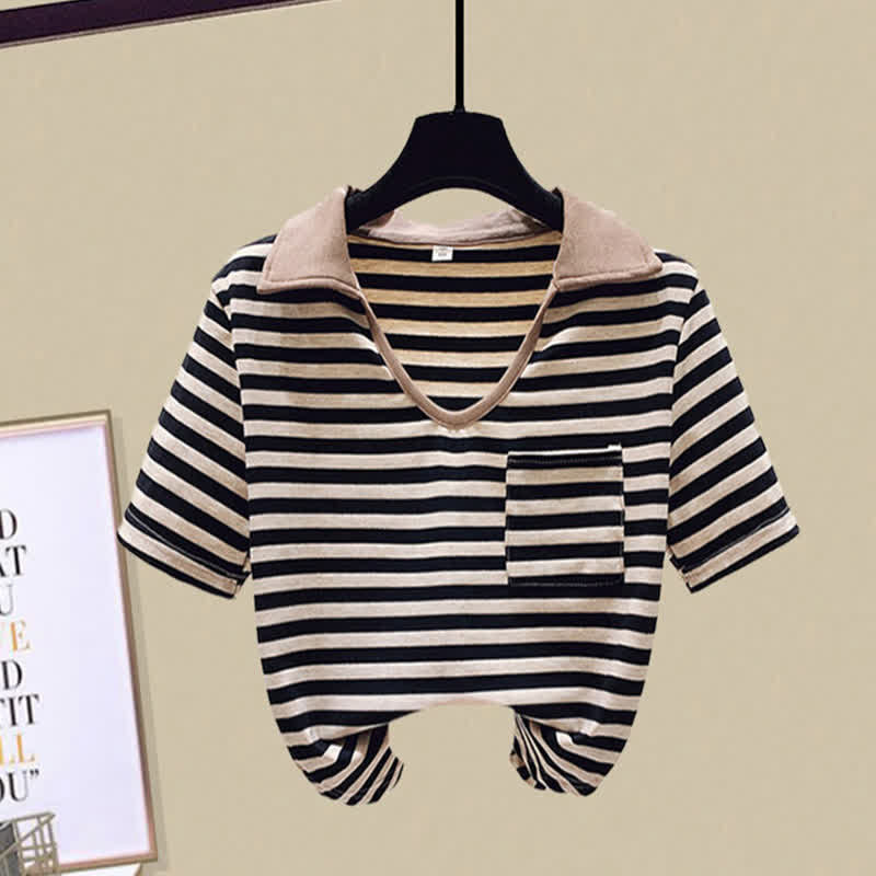 T-Shirt Stripe Denim Pocket Shorts Top Crop