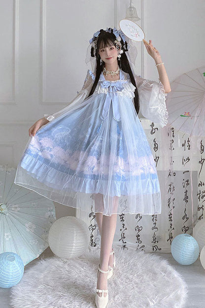 Blue Sweet Lolita Dress Jellyfish Print Bowknot Chinese Style - Altfashion Shop