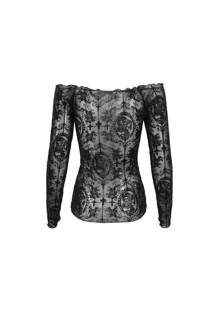 Punk Women's Off-Shoulder Tee with Ruched Flocked Chest and Adjustable Straps
