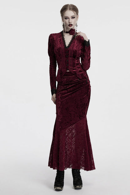 Crimson V-Neck Long Puff Sleeve Goth Blouse