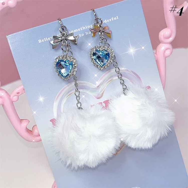 Pompons Rhinestone Detail Jirai Kei Ear Clips