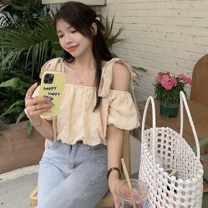 Lace Puff Crop Denim Pants T-Shirt Shoulder Up Skirt