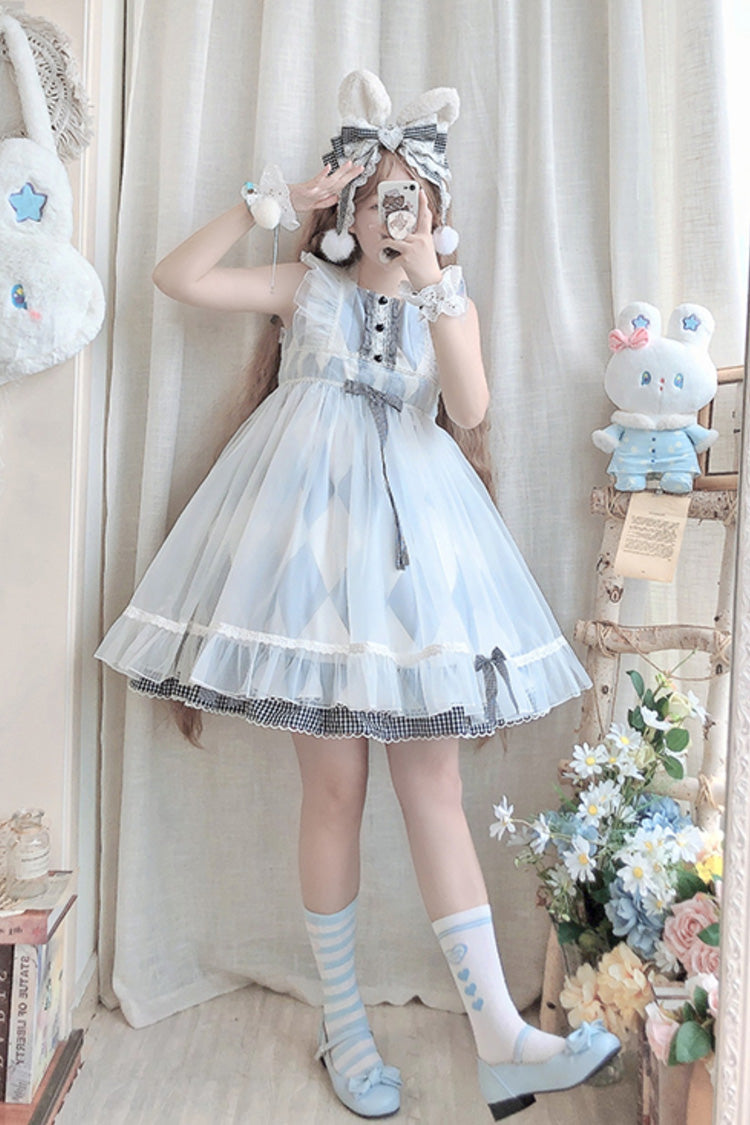 White Blue Sleeveless Diamond Plaid Bow Sweet Lolita JSK Dress