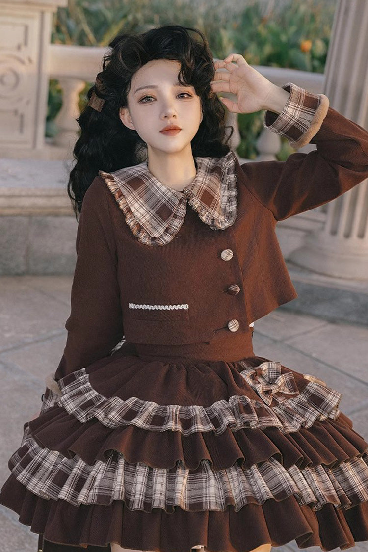 Dark Brown Multi-Layer Bowknot College Style Autumn Winter Princess Sweet Lolita Set