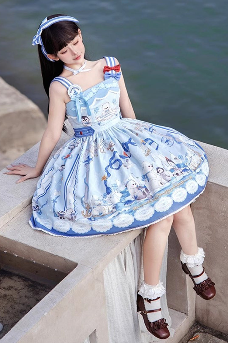 Bow-Embellished Print JSK with Ruffle Trim in Navy