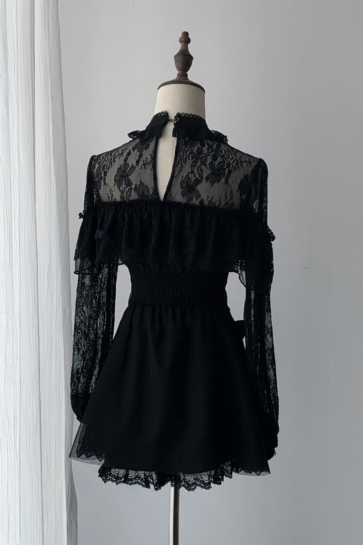 Lace Doll Round Collar Long Sleeves Ruffled Cut-Out Embroidered Bow Lace Gothic Jirai Kei Japanese Dress