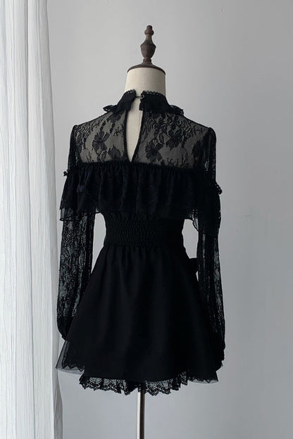 Lace Doll Round Collar Long Sleeves Ruffled Cut-Out Embroidered Bow Lace Gothic Jirai Kei Japanese Dress