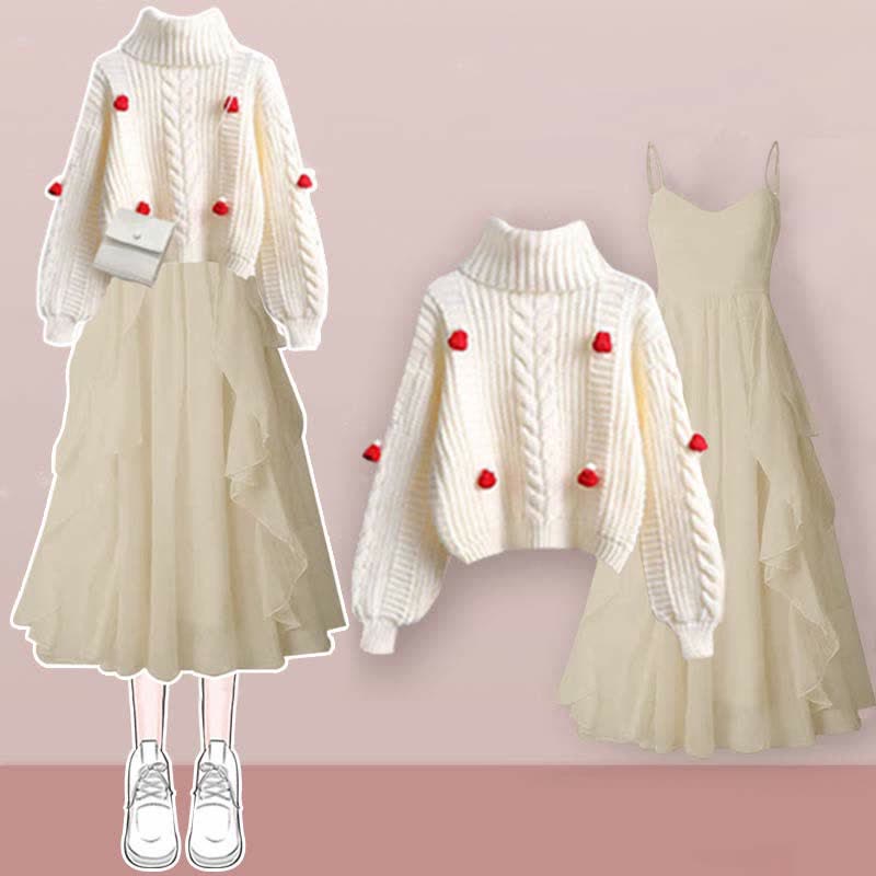 Slip Cable Flouncing Set Dress Turtleneck Sweater