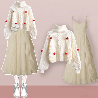 Slip Cable Flouncing Set Dress Turtleneck Sweater
