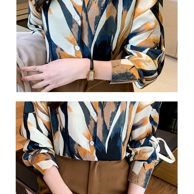 Elegant Colorblock Lapel Long Sleeve Chiffon Shirt