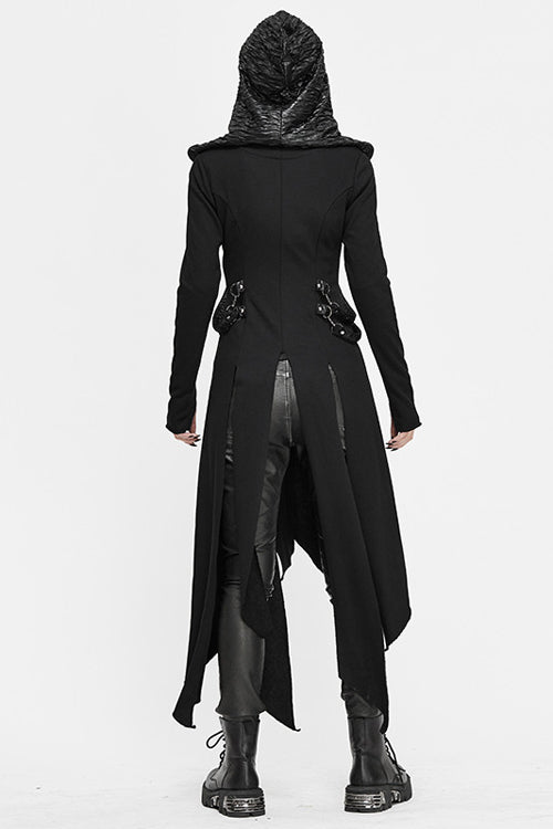 Women's Punk Slim Knitted Hooded Long Coat with Zip Front