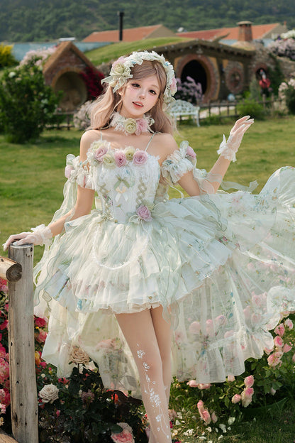 Emerald Layered Fishbone Lace-Up Lolita JSK - Spring Rose