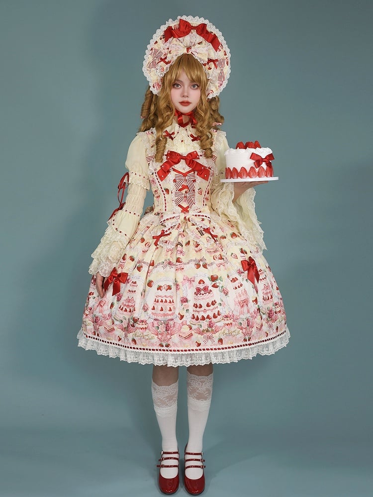 Strawberry and Desserts Print Yellow Sweet Bow Accents Lolita JSK / Full Set