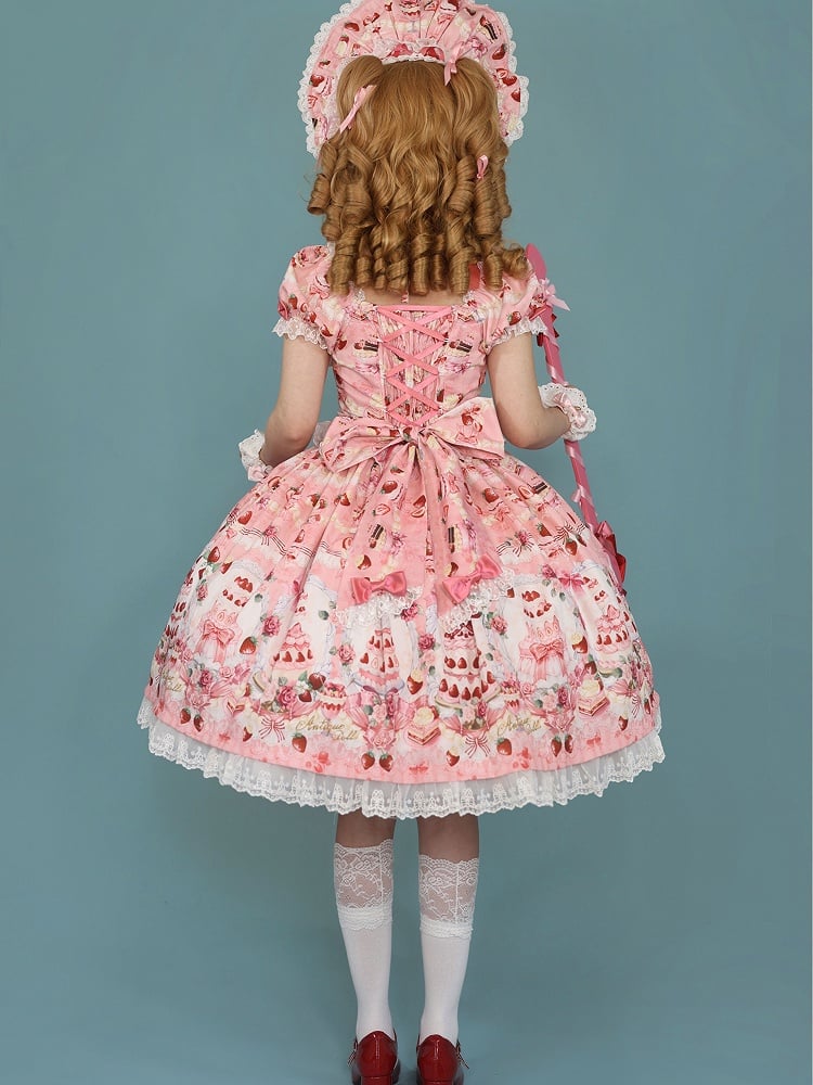 Strawberry Cake Print Pink Bow Accents Sweet Lolita Dress / Full Set