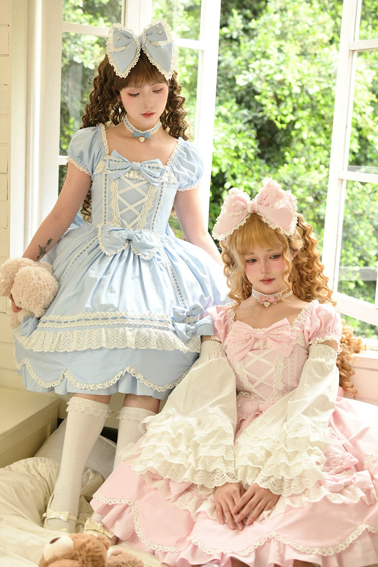Square-Neck Cotton Dress with Double Ruffle Lace and Lacing