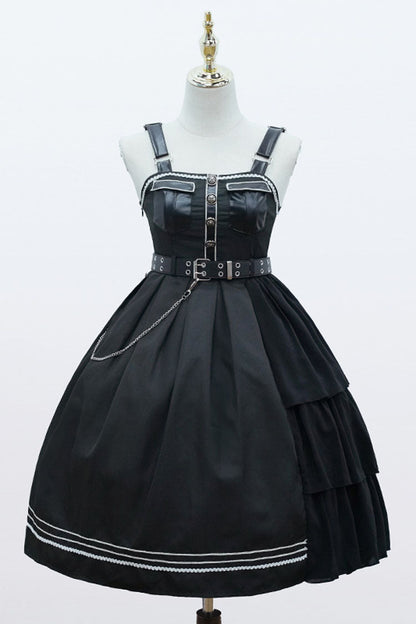 Dark V-Neck Military Lolita JSK Dress with Rivets and Epaulettes