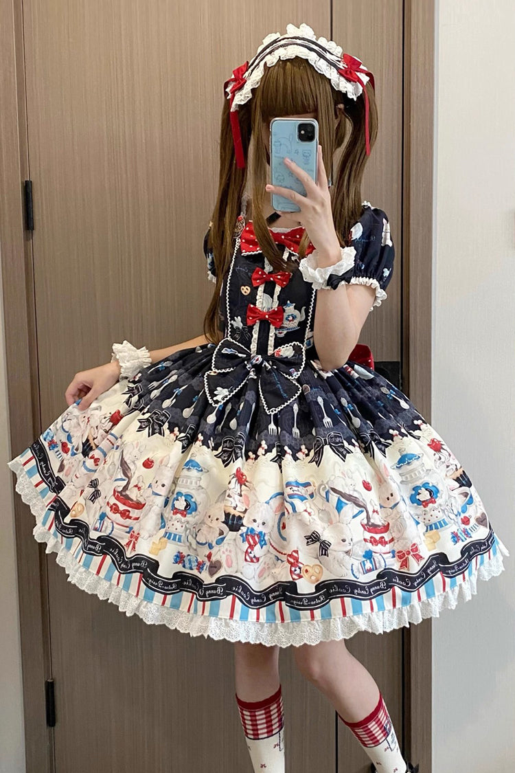 Square Collar Printed Bowknot Lace Sweet Dress