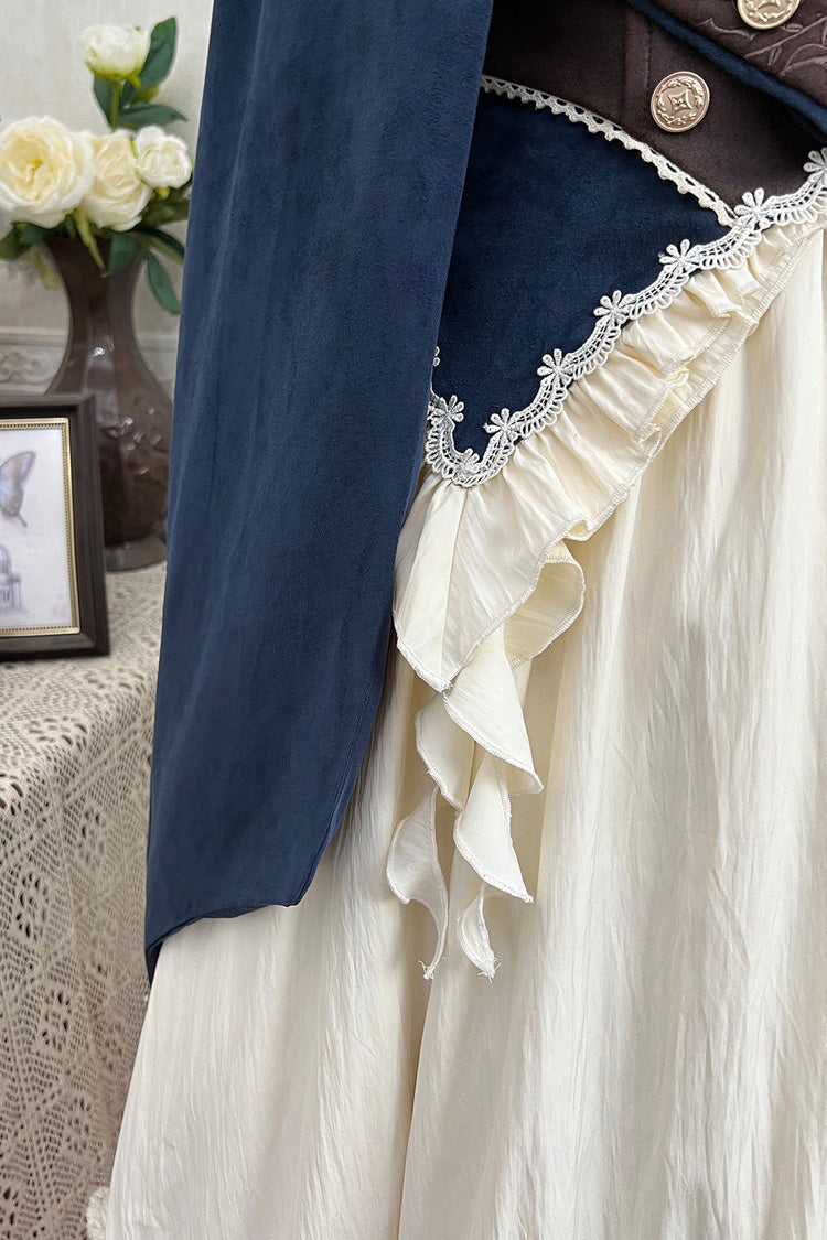 Morning Mist Coast Stand-Collar Long-Sleeved Ruffle Embroidered Vintage Elegant Lolita Skirt Dress Set in Beige